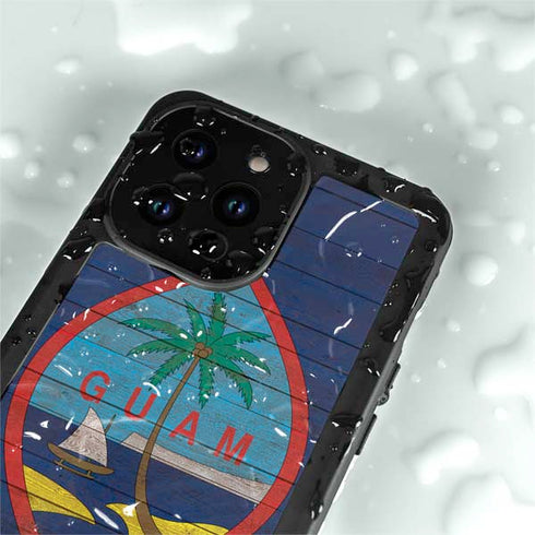 Guam Flag Dark Wood iPhone 14 Pro Waterproof Case